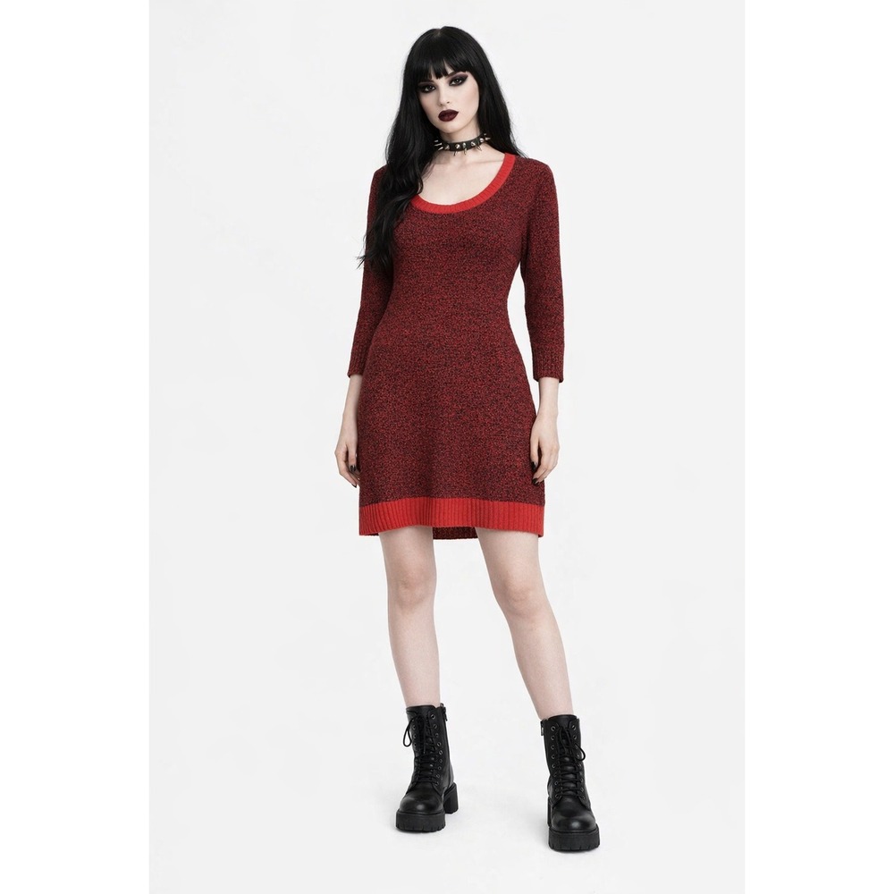 Bobbie Brooks Womens Red Black Marled Knit Scoop Neck 3/4 Sleeve Sweater Dress L